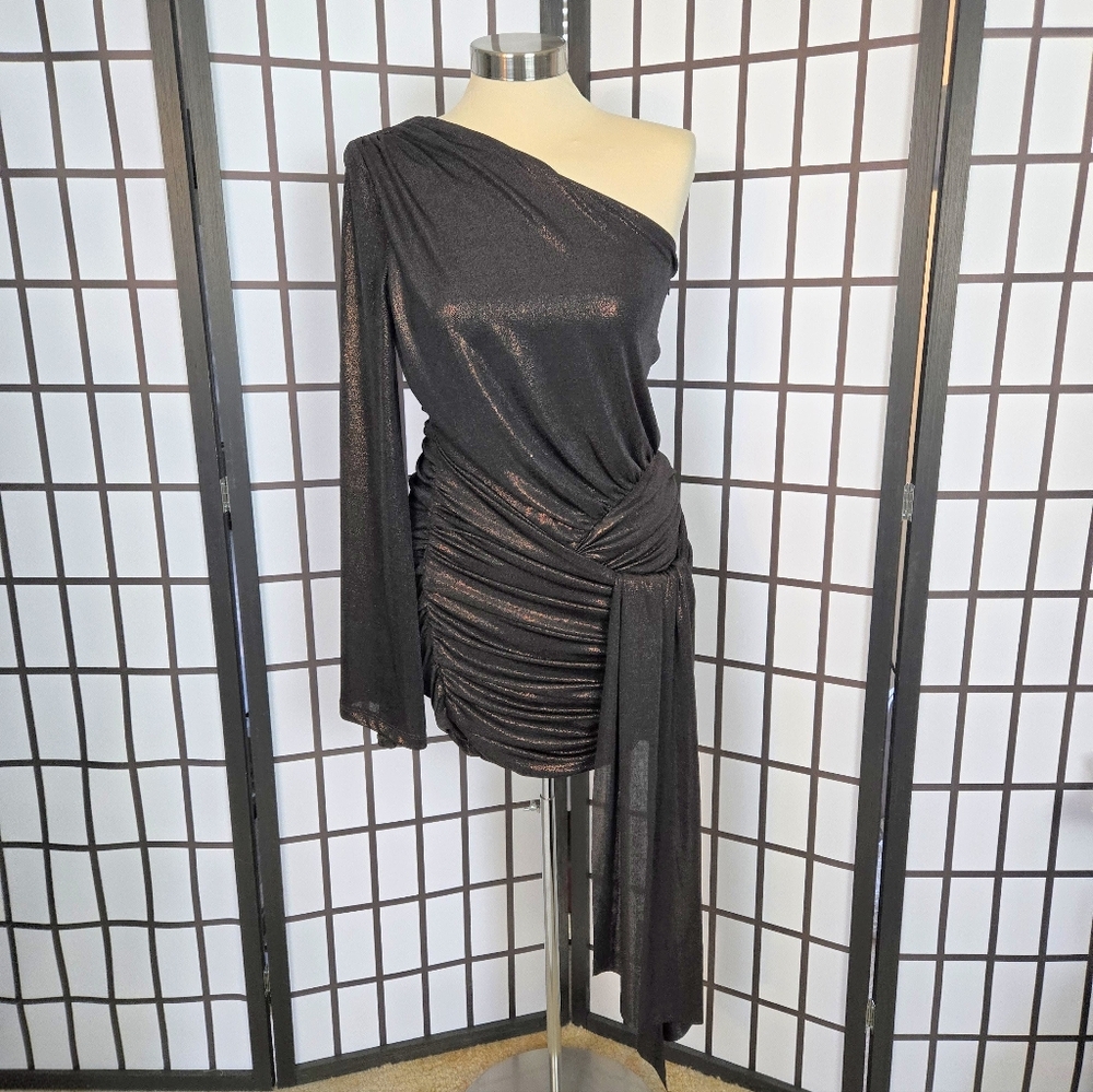 Zara Black One-Shoulder Ruched Mini Dress - Picture 2 of 13